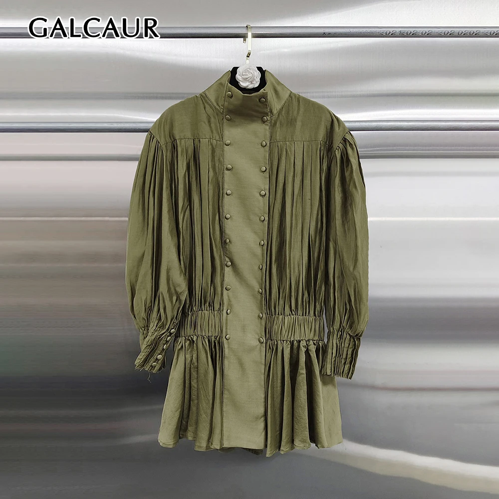GALCAUR Solid Spliced Pleated Slimming Mini Dress for Women Stand Neck Long Sleeve Patchwork Button Dresses Female Fashion Style