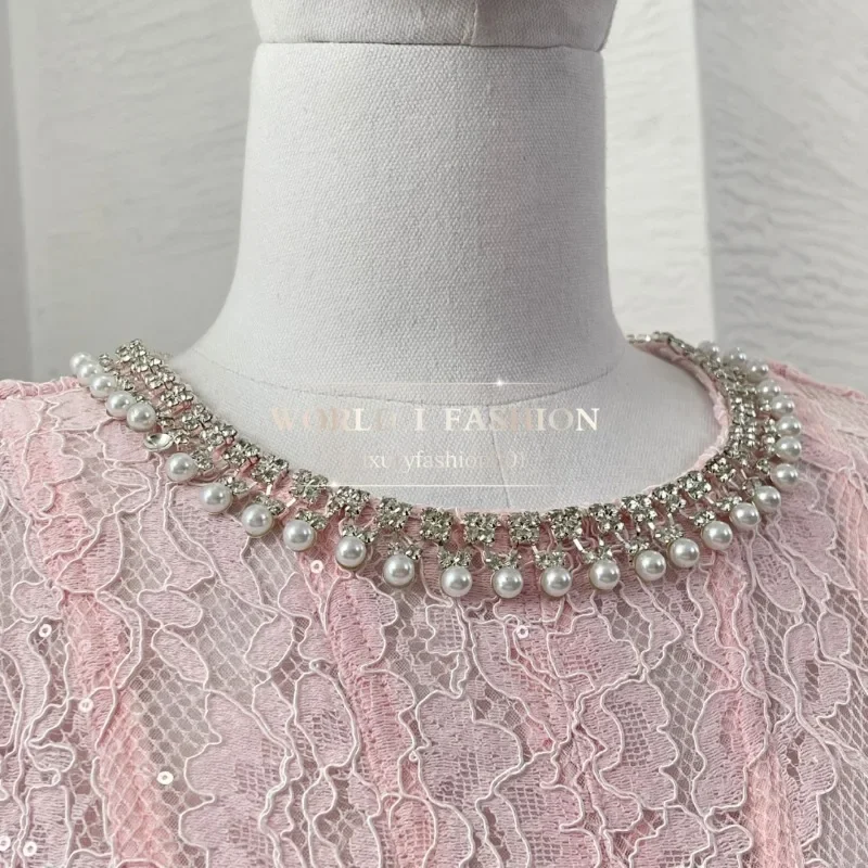 2025 Nowa wysokiej jakości różowa sukienka damska z krótkim rękawem i koronką na imprezę