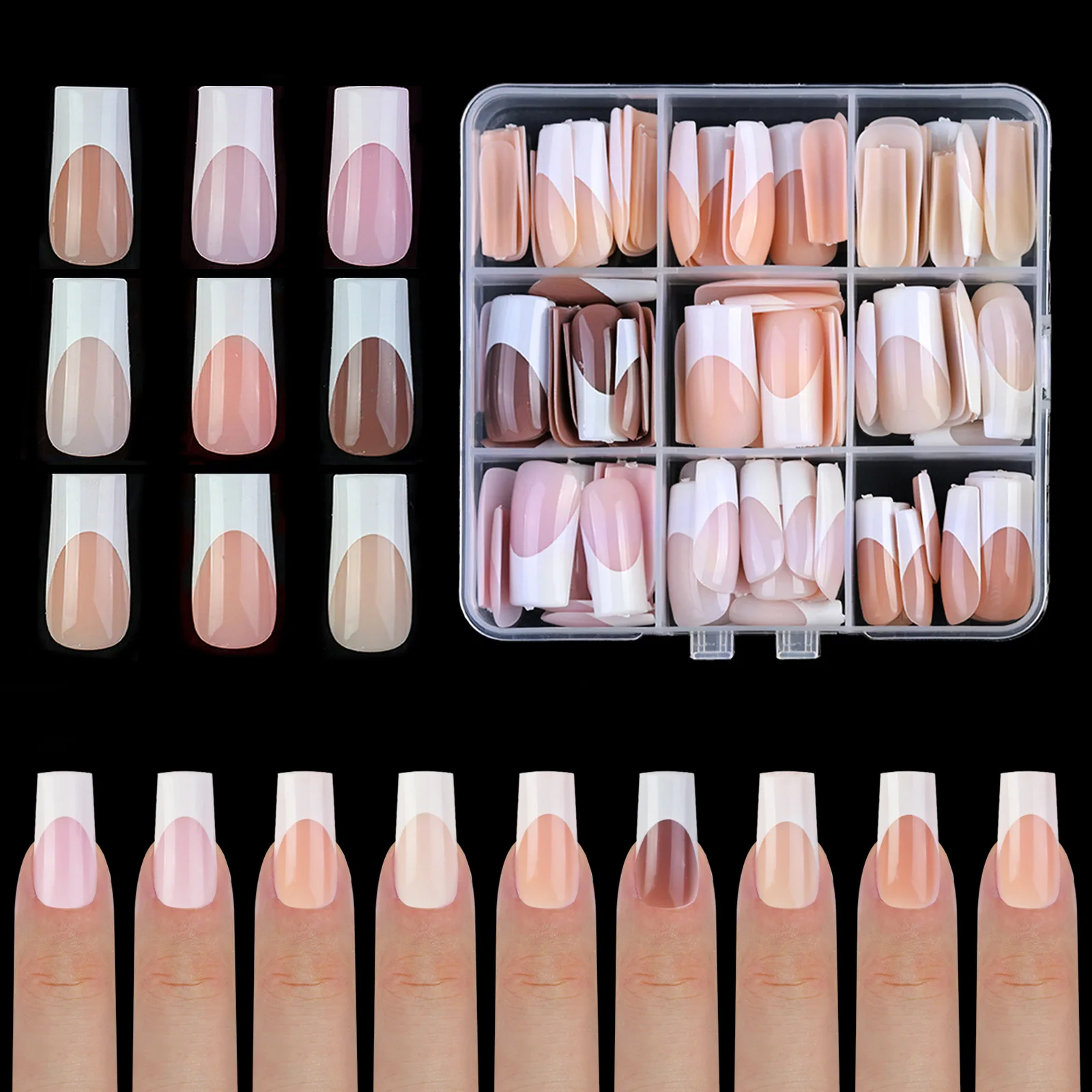 Mixed Color French False Nail 9Grid Naked Pink Convenient Finished Wearing Almond Coffin Nail Full Cover Press On Acrylic Nails