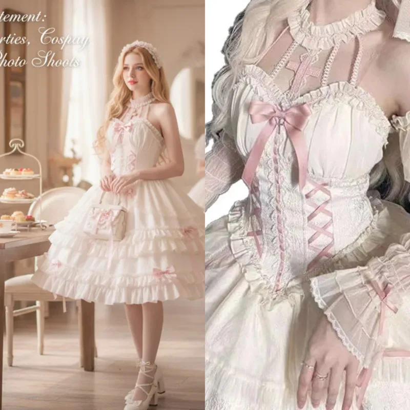 Lolita Bow Dresses Lace Cross Princess Ballet Skirt Doll Girls Lolita Hanging Neck Pink A-line Dresses Generate Pink Dresses New