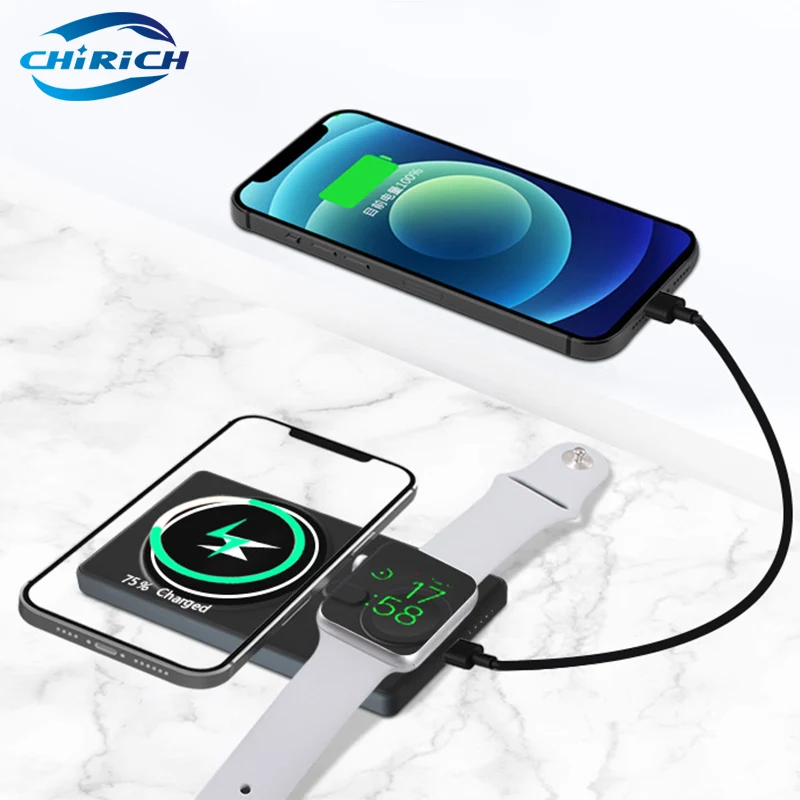 

Magnetic Wireless Power Bank 5000mAh 3 In 1 15W Charger Camping External Auxiliary Battery for iPhone AirPods IWatch Huawei