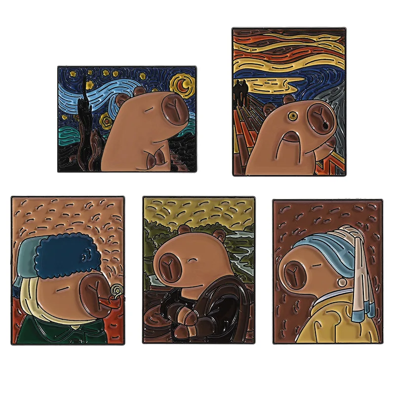

Cartoon Oil Painting Series Badge Fun Capibala Shaped Capybara Metal Brooch