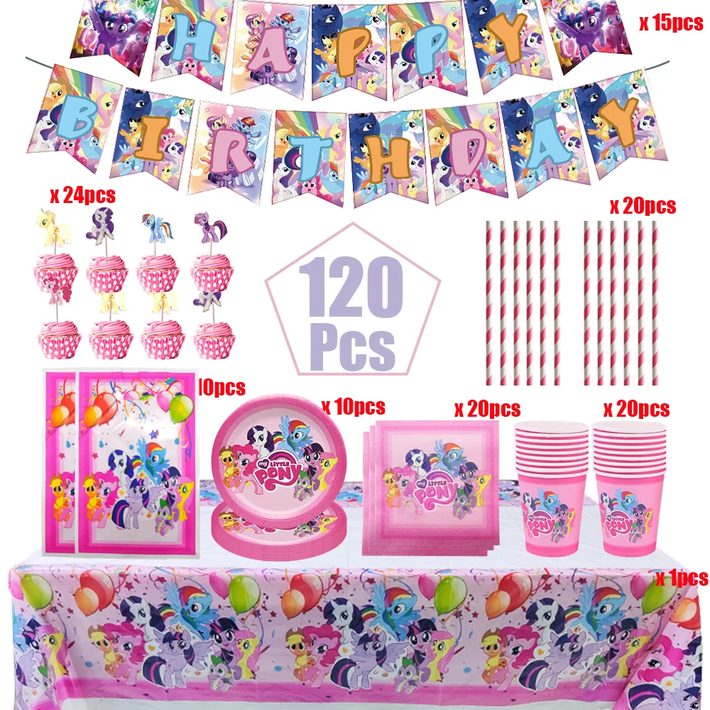 Cartoon-Pony-Thema Geburtstagsparty-Dekorationsset: Tischdecke, Teller, Becher, Ballon, Tortendekoration, Banner, Pferd, Geschenke für Babyparty – Detail 3