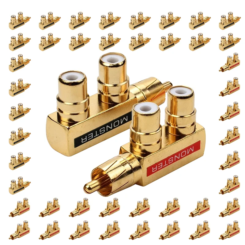 2/4/8/16PCS Gold Plated Two Three-way RCA One Point Plug Monster Lotus RCA 1 Male to 2 Female AV Audio Adapter