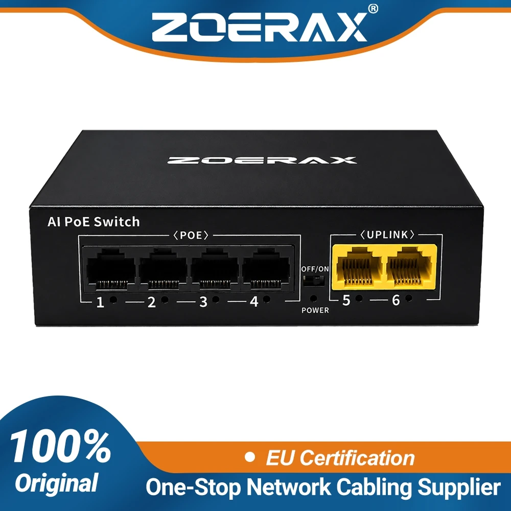 ZoeRax 6-Port Gigabit PoE+ Switch 4 PoE Ports + 2 Uplink Ports One Key VLAN AI Watchdog, Plug & Play, Power & Data Over Ethernet