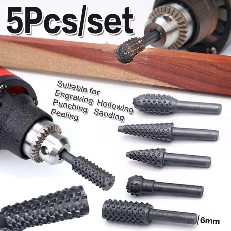 5pcs Drill Bits Metal Rotary Burr Drill Bit Wood File Grinder Milling Rasp Wood Stone Metal Root Carving Milling Cutter Tools