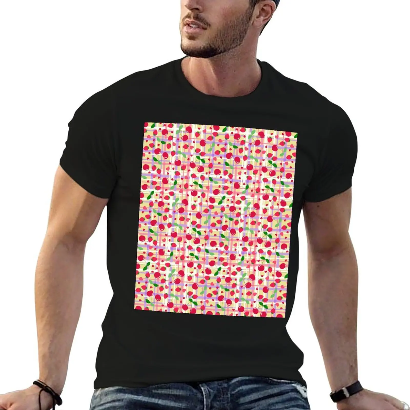 Cherries and hearts with background check. T-Shirt graphics oversized graphic tee t shirt for men