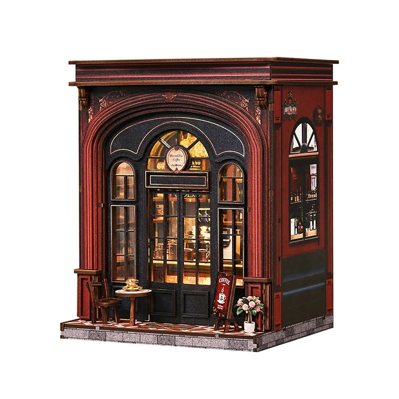 DIY Wooden Book Nook Figurines Miniatures Warmglow Coffee Store Bookend for Friends Birthday Gifts Home Decoration Crafts