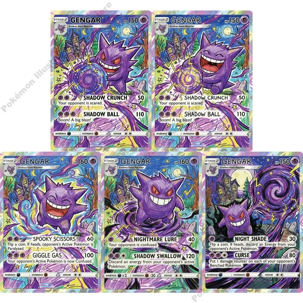 

Набор из 5 коллекционных карт Покемон: Генгар, рисованные вручную, аниме-карты, PTCG, редкие голографические карты Покемон, игрушка-подарок