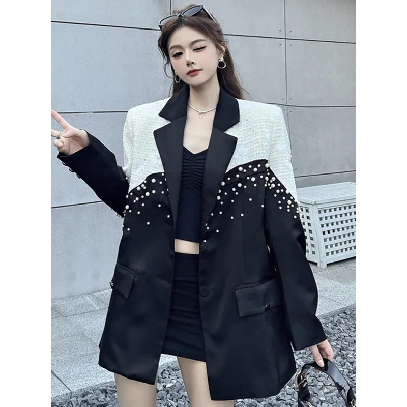 YERMORA Color-Block Irregular Beading Casual Blazer For Women Lapel Long Sleeve Loose New Jacket Fashion Tide Spring Autumn 2025