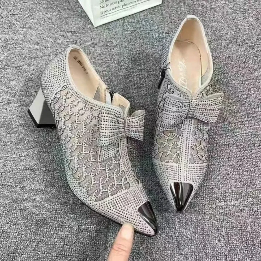 

Women's Pointed Toe Sandals Fashion Breathable Mesh Bowknot Rhinestone Shoes Clear Elegant Mid-Heeled Pumps ladies Sandalies