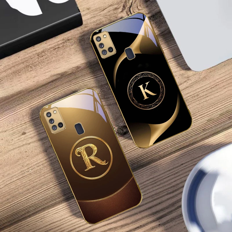

the letter "R" classic For Samsung A 31 32 A33 A34 35 14 A15 13 16 25 26 50 52 53 54 55 56 70 71 72 73 Golden glass phone case