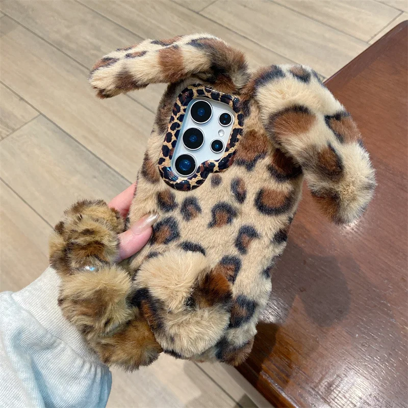 Luxury 3D Leopard Print Rabbit Plush Phone Case For Samsung Galaxy S26 S25 24 23 Ultra Plus A57 With Lanyard Shockproof Cover view 5