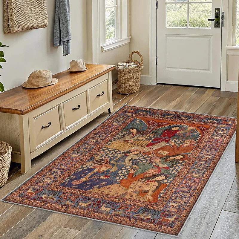 VIKAMA Vintage Persian Figure‑pattern Area Rug Traditional Hand‑painted Character Art Print Non‑slip Living Room Decor Floor Rug
