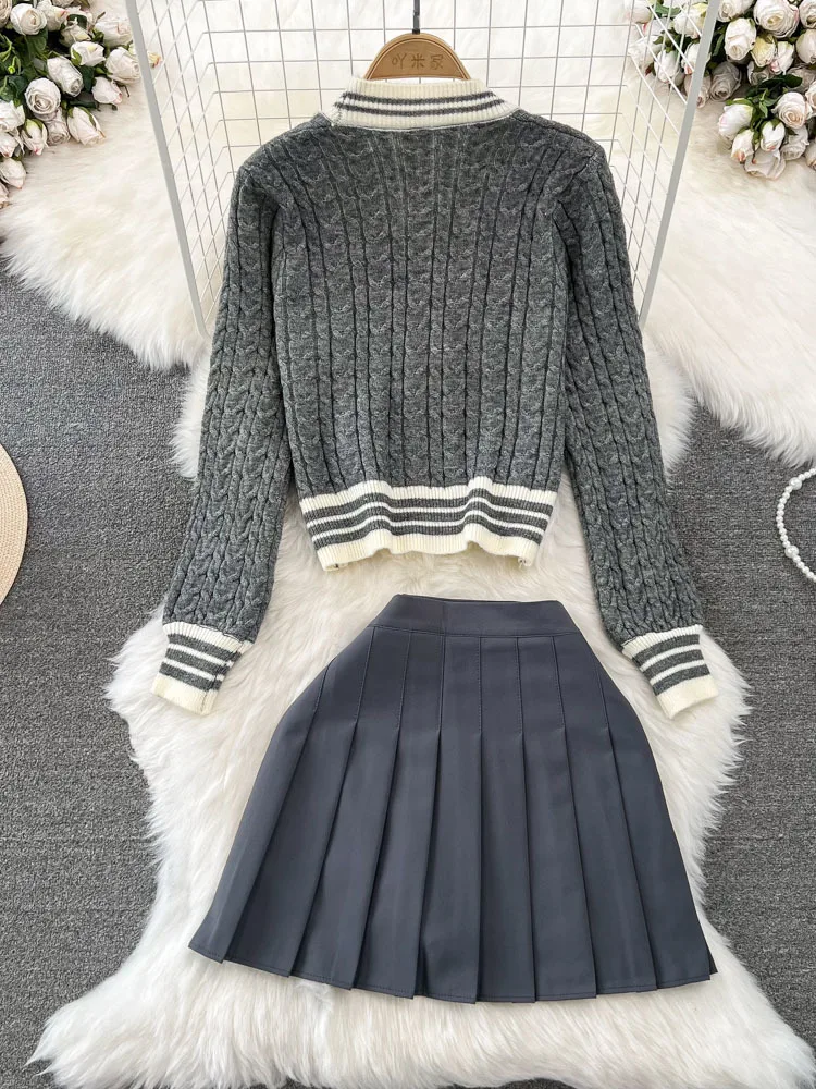 Fashion suit women\'s V-neck single breasted Fried Dough Twists sweater cardigan coat two-piece high waist skirt autumn