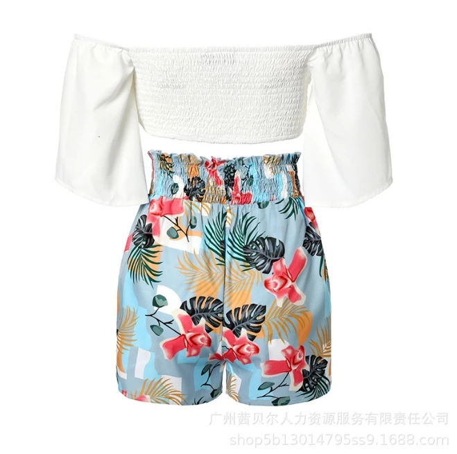 Summer Vacation Two-piece Casual Women's Elegant Off Shoulder Short Sleeved Lace Up Vest Top and High Waisted Shorts Set