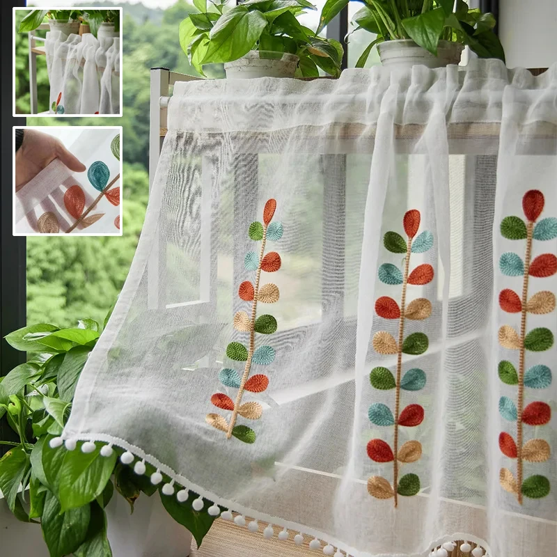 

Half-window Four-color Branch Embroidered Translucent Curtain Kitchen Layer Transparent Curtain Rod Pocket Gauze Curtain 손뜨개 커튼