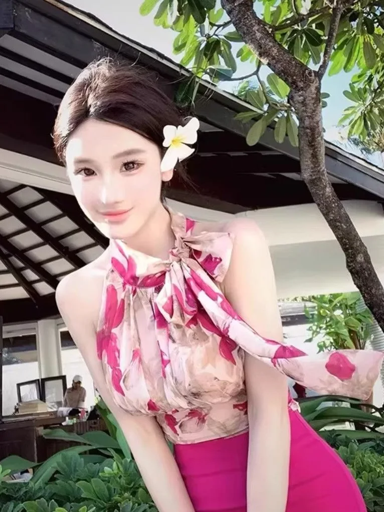 

Sexy Floral Print Two-Piece Set for Women Sleeveless High-Waisted Skirt And Shirt Spring Summer Fashion Trend Casual Wear