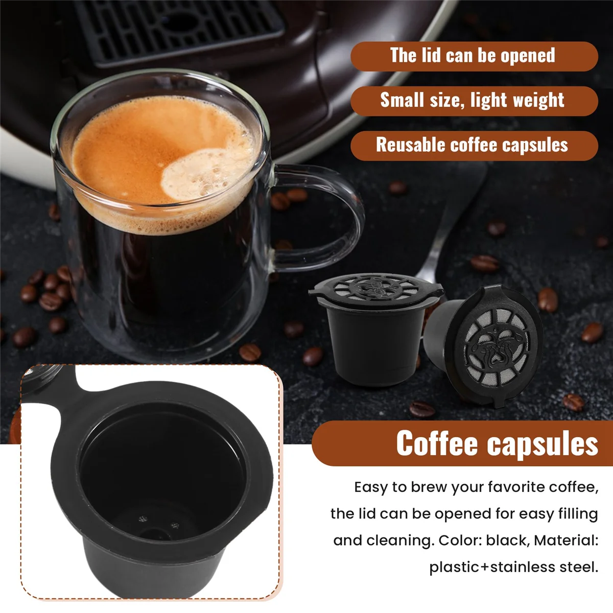 5 Reusable Nespresso Capsules Refillable Coffee Capsule Filter with Nespresso Coffee Machines with Coffee Spoon Brush