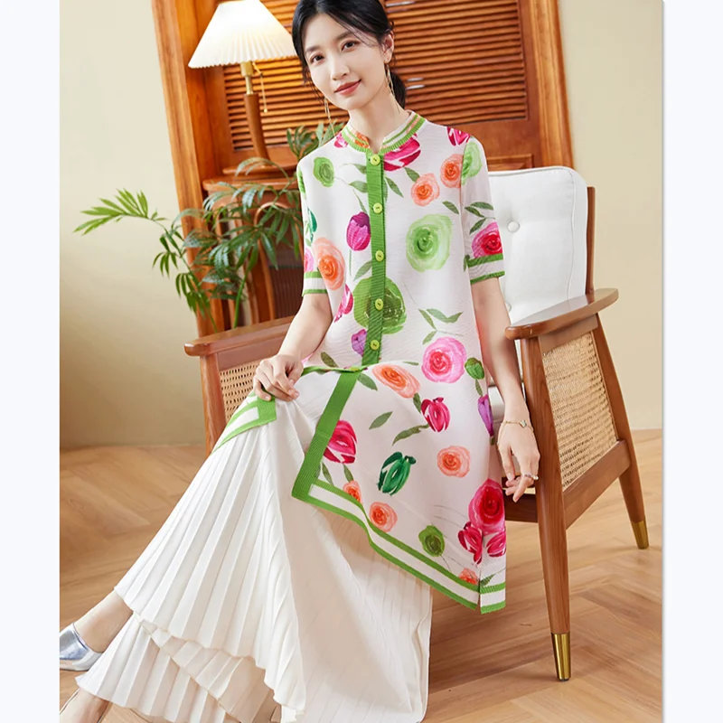 Summer Dress Women 2024 New Fashion Floral Printed Short Sleeved Stretch Miyake Pleated Loose Shirt Dresses