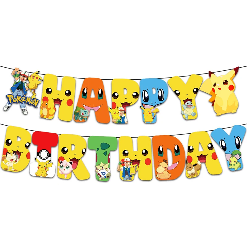 Pokemon Geburtstagsparty-Zubehör, Pikachu-Luftballons, Geschirr, Tischdecke, Teller, Serviette, Banner, Hintergrund, Geburtstagsdekoration für Kinder