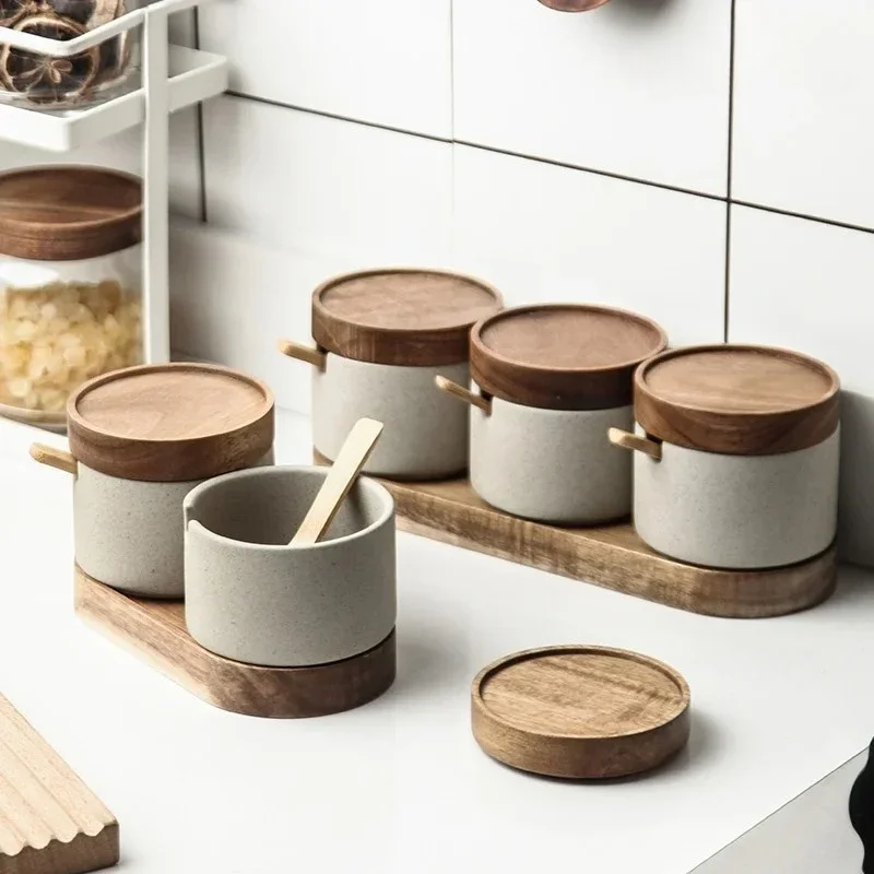 Vintage Ceramic Seasoning Jar With Bamboo Lid Spoon Tray Japanese Kitchen Seasoning Bottle Set Household Oil Pot Kitchen Tools