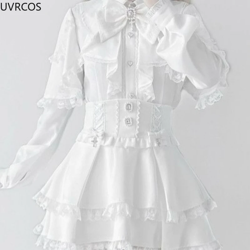 اليابانية Y2k الجمالية لوليتا نمط القوس تنورة مجموعة المرأة القوطية الدانتيل شال قميص كشكش التنانير الصغيرة ثوب Faldas الحلو لوليتا دعوى
