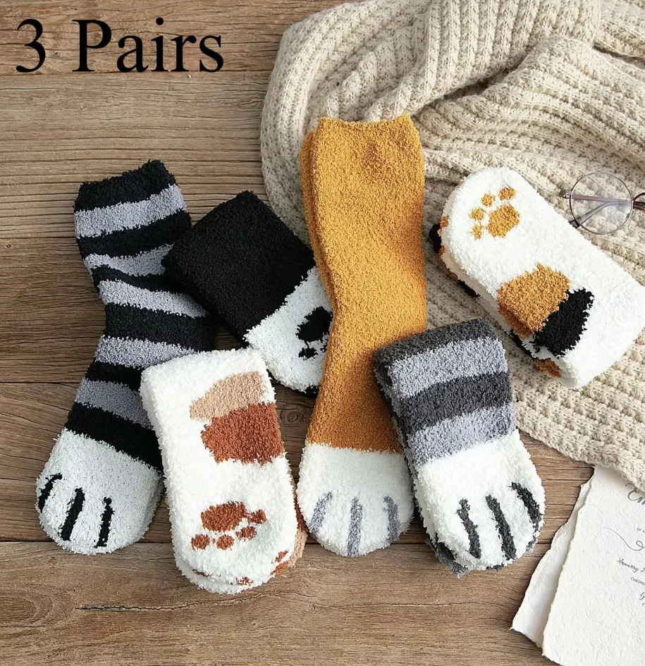 3 pairs of coral fleece women's winter warm fluffy socks, cute animal paw cat paw socks, women's thick home floor sleeping socks