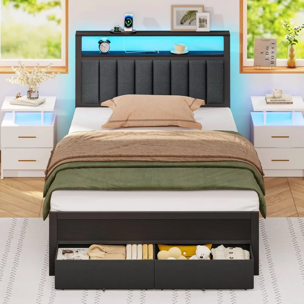 

furnulem twin bed frames with charging station and led lights, grey upholstered headboard with shelves, metal platform bed with