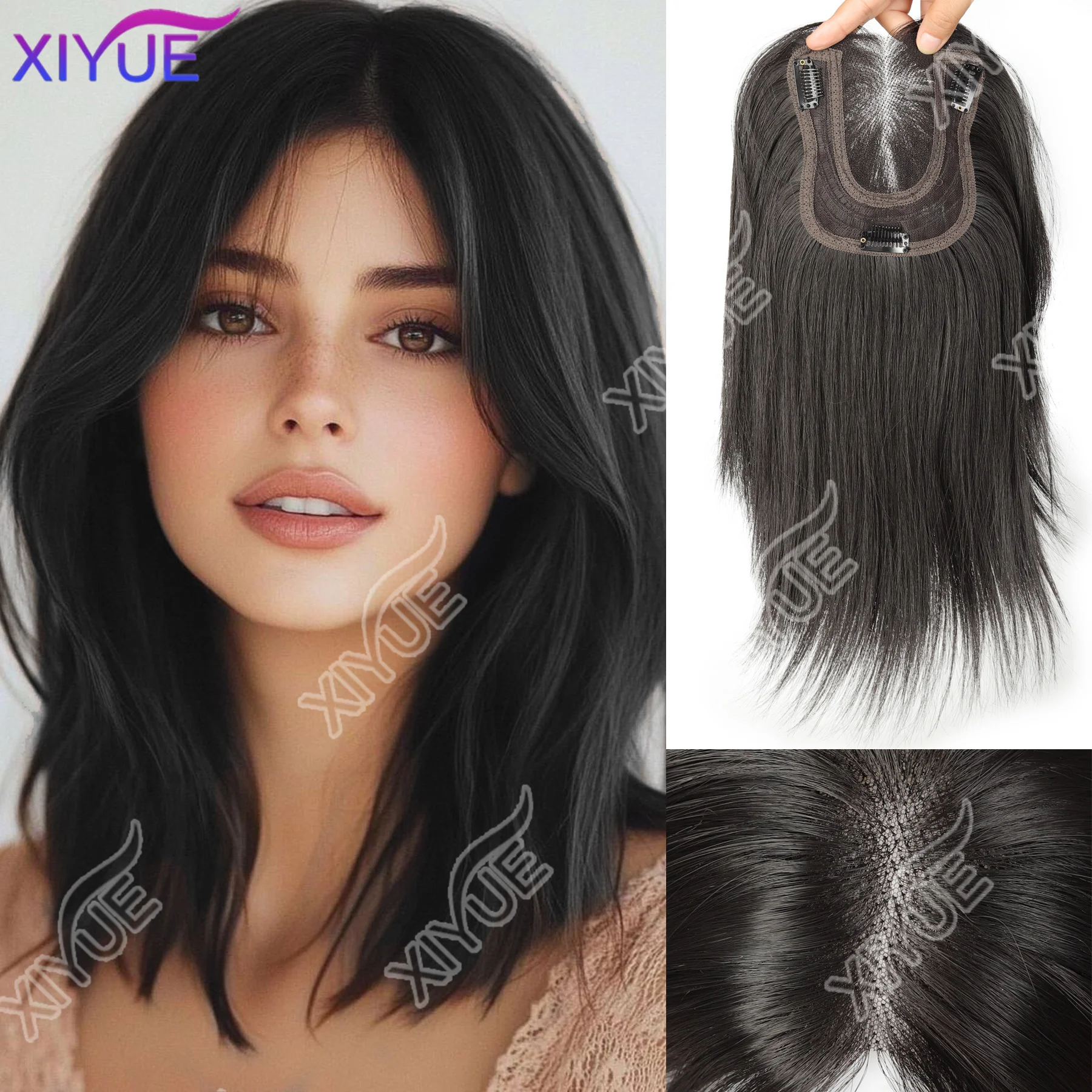 

synthetic 30cm Mixed Hair Straight Invisible 3D Toupee Clip in One Piece Hair Extensions Topper for Women Hair Loss