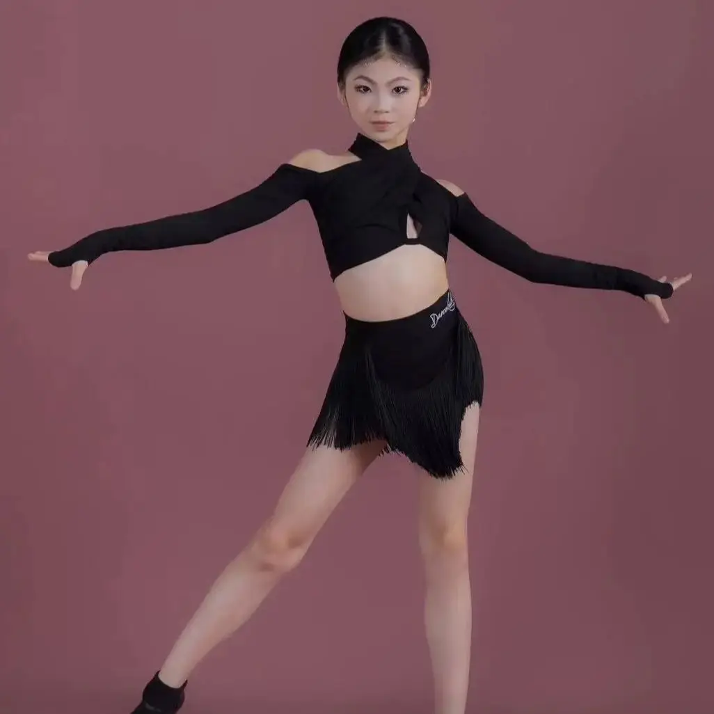 라인댄스 의상 무대 의상 세트 레오파드 라틴댄스 프린지 스커트 라틴댄스 트레이닝 긴팔 상의