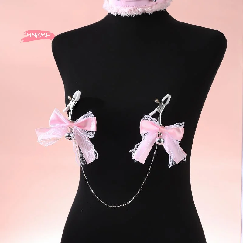 1Pair Lace Butterfly Knot Bell Nipple Clamps with Chain Adult Toy Sexy Teasing Accessory Polyester Fabric Cute Girl Style - view 4