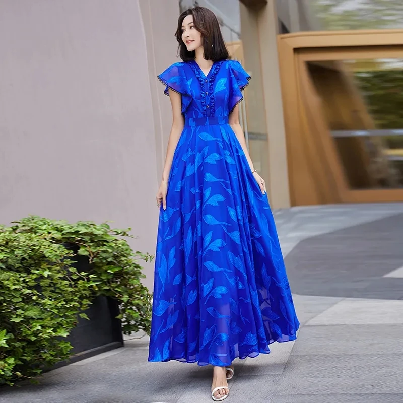 Blue Women 2024 New Summer Chiffon Boho Dress elegante Floral Beach Chic Casual scollo a v Fashion Long Prom abiti aderenti per