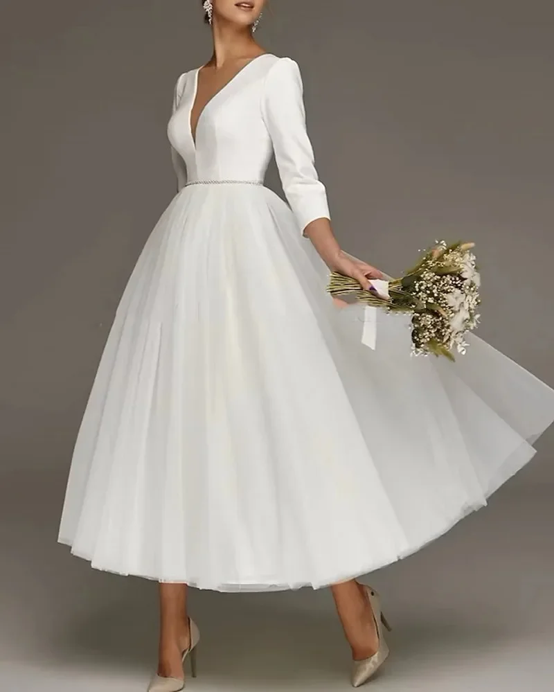 

2026 Little White Short Wedding Dress Tea Length A-Line 3/4 Sleeve V Neck Satin Tulle Bride Party Gowns New Vestidos De Noiva