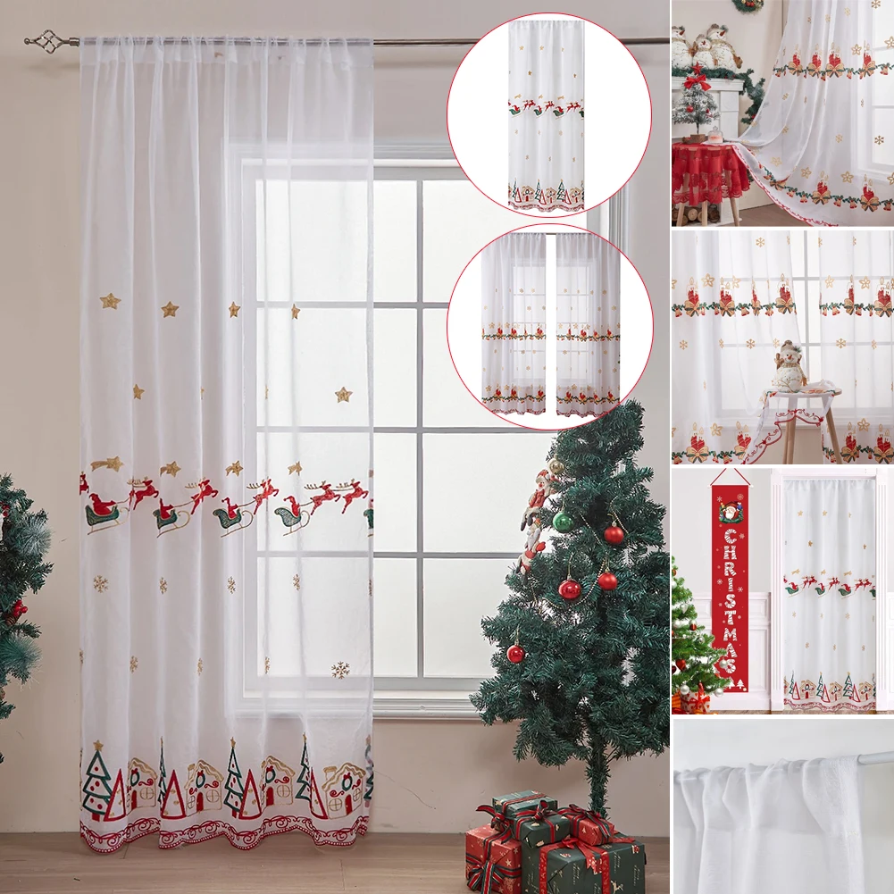 

1PC 84/78/96 Inch Length Christmas Sled Embroidered Curtain, for Christmas Party, Home Living Room Decor Cortinas Para La Sala