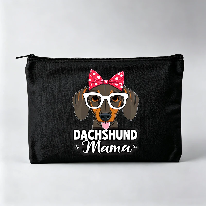 Women's Dachshund Dog Graphic Makeup Bag with Polka Dot Bow, Zipper Cosmetic Pouch for Daily Use