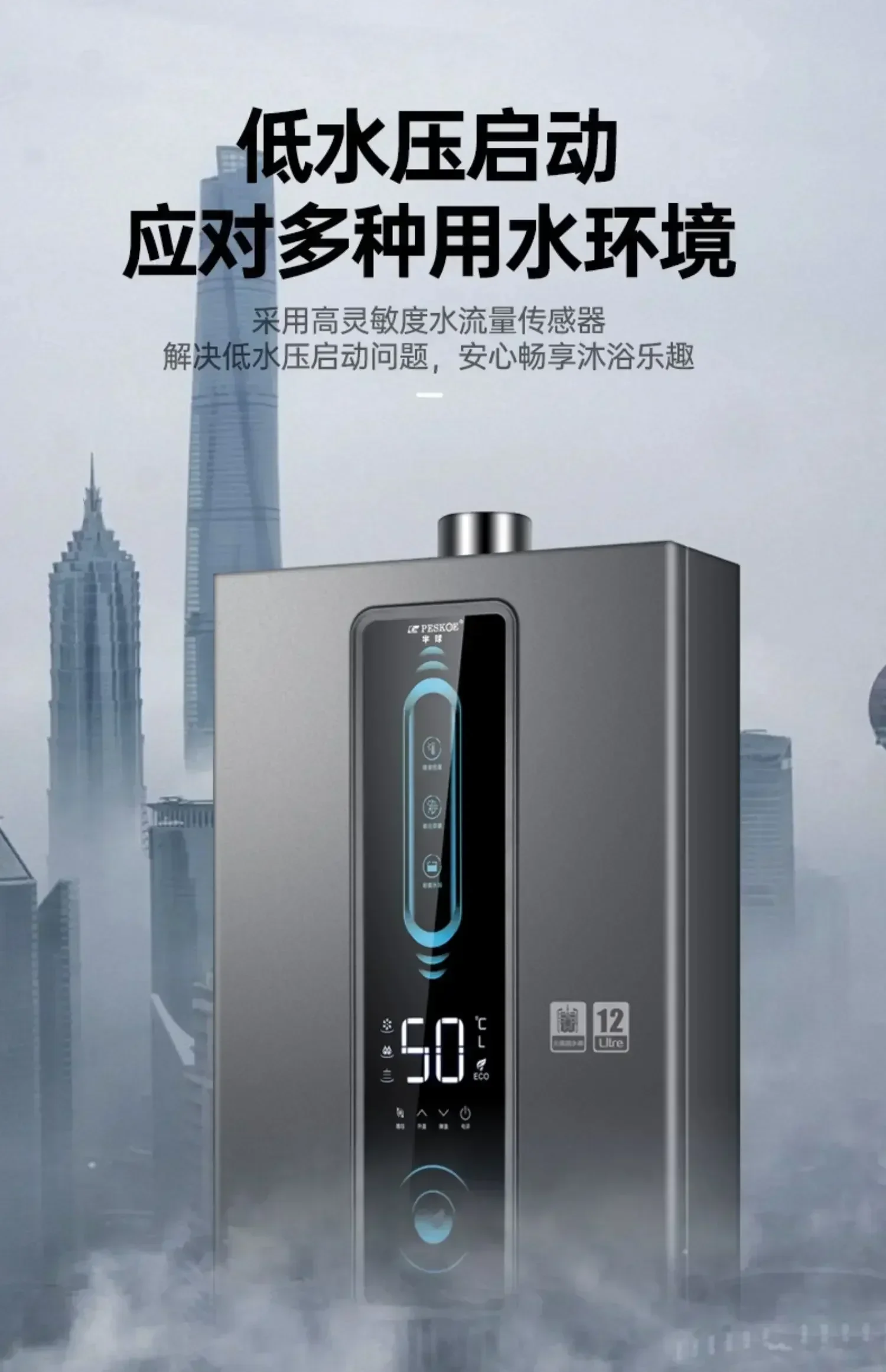 Household Gas Water Heater - 12L, Natural Gas & Electric, Constant Temp, Forced Exhaust, Balanced,  Reliable & Efficient