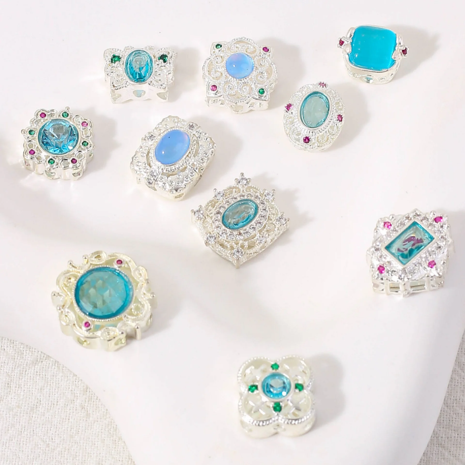 7pcs Copper Silver-plated Spacer Beads Inlaid Blue Crystal Stone Diy Bracelet Necklace Beading Jewelry Semi-finished Accessories