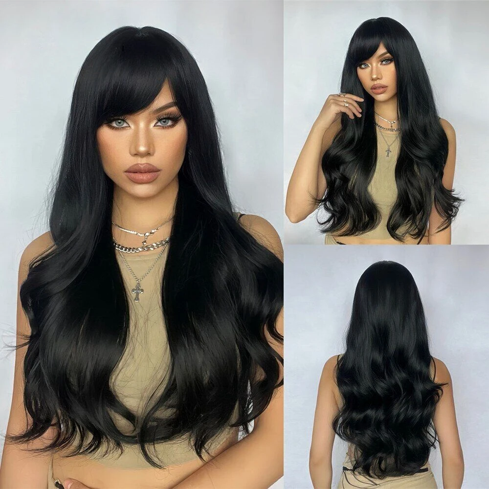 

Long Black Synthetic with Bangs Natural Wavy Wig for Women