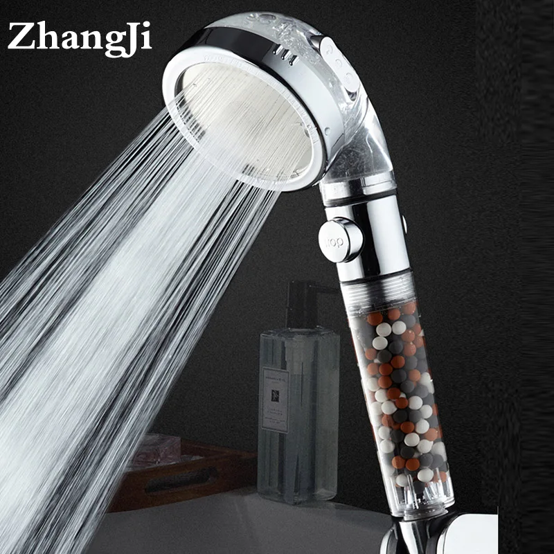 ZhangJi 3 Spraying Modes SPA Shower Head with Stop Switch High Pressure Water Saver ABS Anion Filter Luxurious Spray Nozzle