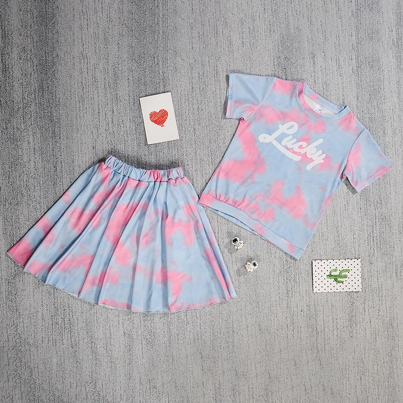 Fashion Girls Clothes Suit Summer Tie-dye Top & Skirt 2 Pieces Set Teenage Girl Trendy Outfit Letter Tracksuit Girl's Sweet Wear