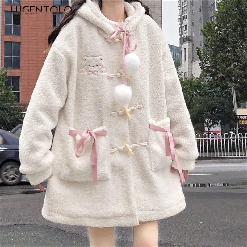 

Women Cute Hooded Sweatshirts Japanese Bear Embroidery Autumn Winter Plush Bow Loose New Comfort Coat Clothing