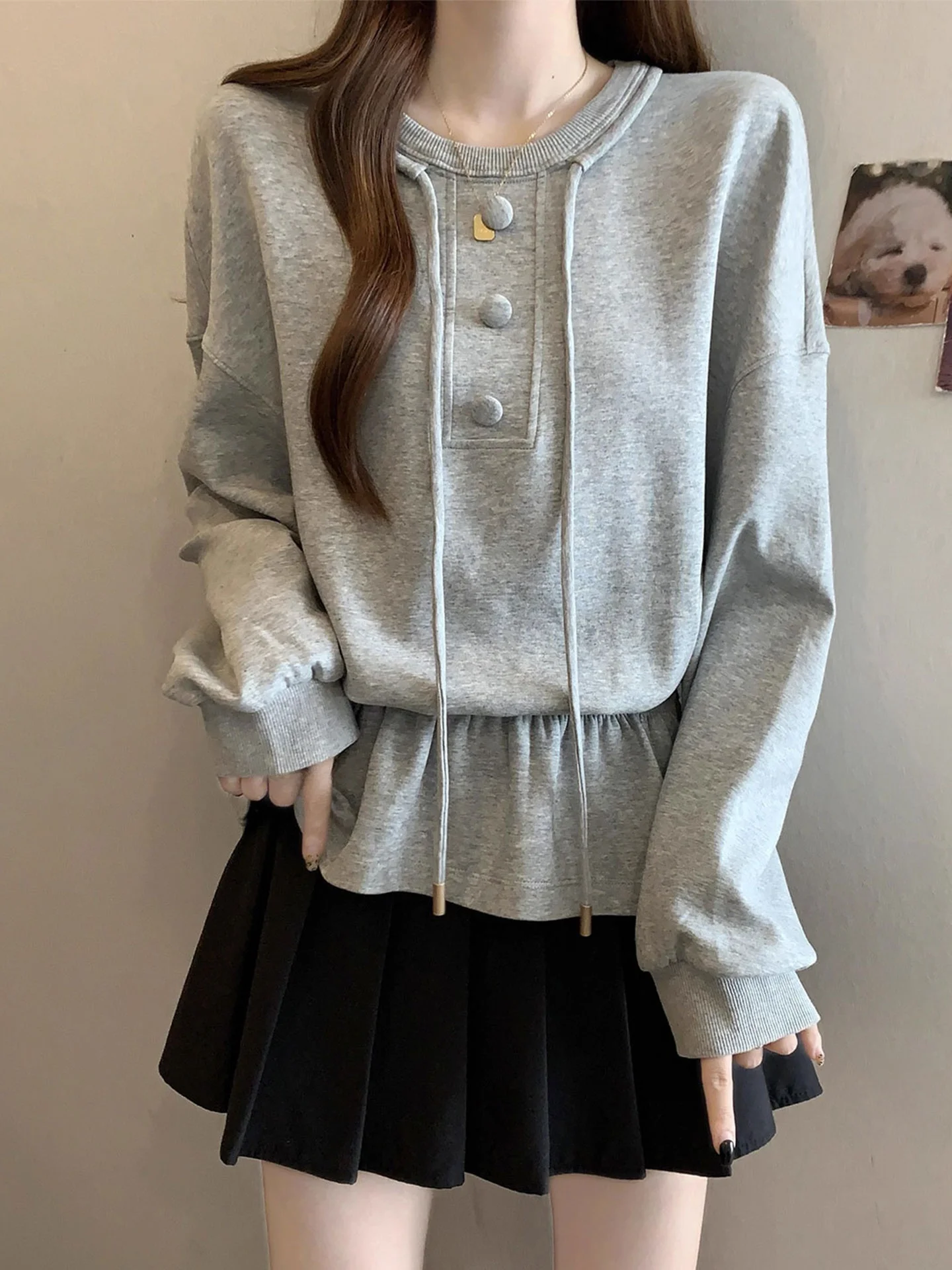 

Женская свободная кофта-свитер с завышенной талией, эластичным подолом и эффектом утягивания, в корейском стиле, с круглым вырезом