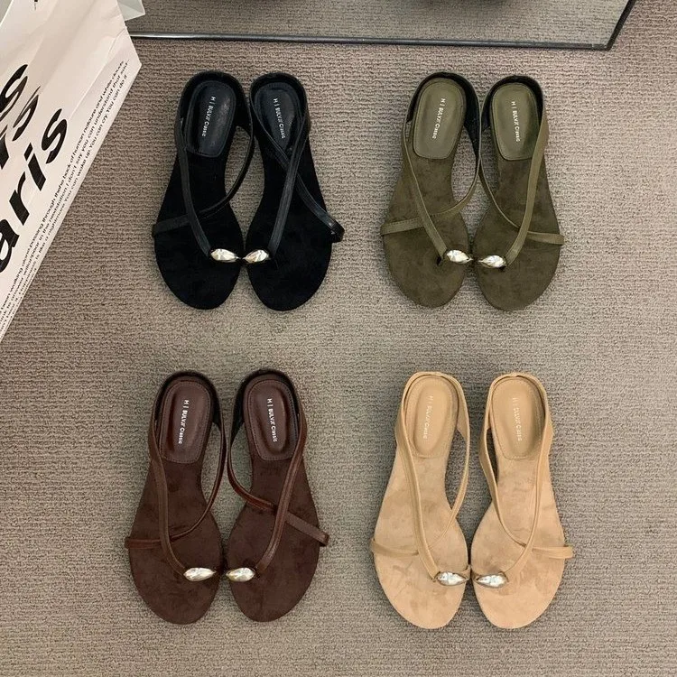 Sommerliche, superhübsche Slip-on-Sandalen mit klobigen Absätzen, französischer Stil, schöne niedrige Absätze, Metallschnalle, offene Zehenpartie, Halbschuhe