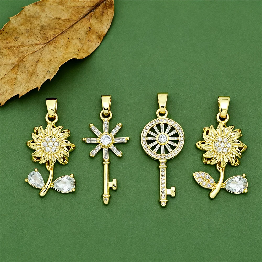 

2Pcs Pendants Brass Charms Cubic Zirconia Flower Key Pendant DIY Jewelry Charms for Necklace Bracelet Making Craft Accessories