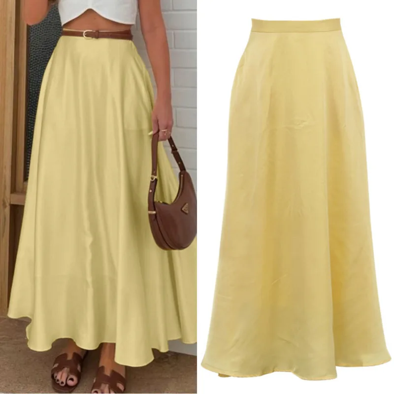 

Elegant Solid Color Satin Draped Maxi Skirt Loose Casual High Waist Pocket Skirt New Fashionable Summer Women's Zip-Front Dress