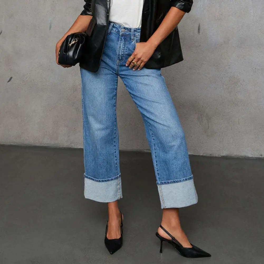 2025 ใหม่ผู้หญิง Baggy กางเกงยีนส์ Retro สูงเอวกว้างขากางเกงยีนส์ยืด Cuffed Hem ตรงกางเกงยีนส์กับกระเป๋า