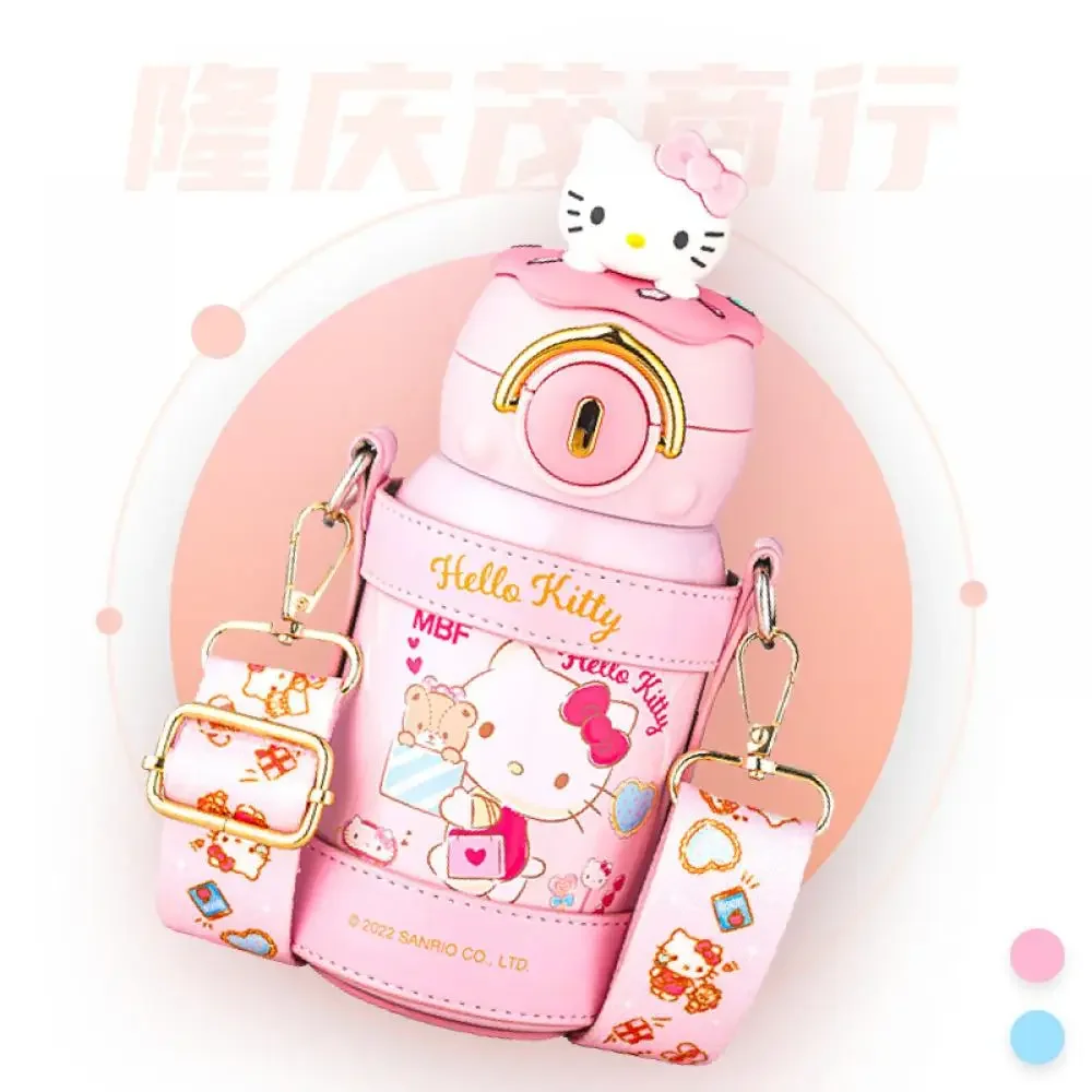 480Ml Thermos Cup Kawaii Sanrio Kt Hello Kitty Cinnamoroll Anime Figure Straw Water Cup Outdoor Travel Strap Portable Child Gift