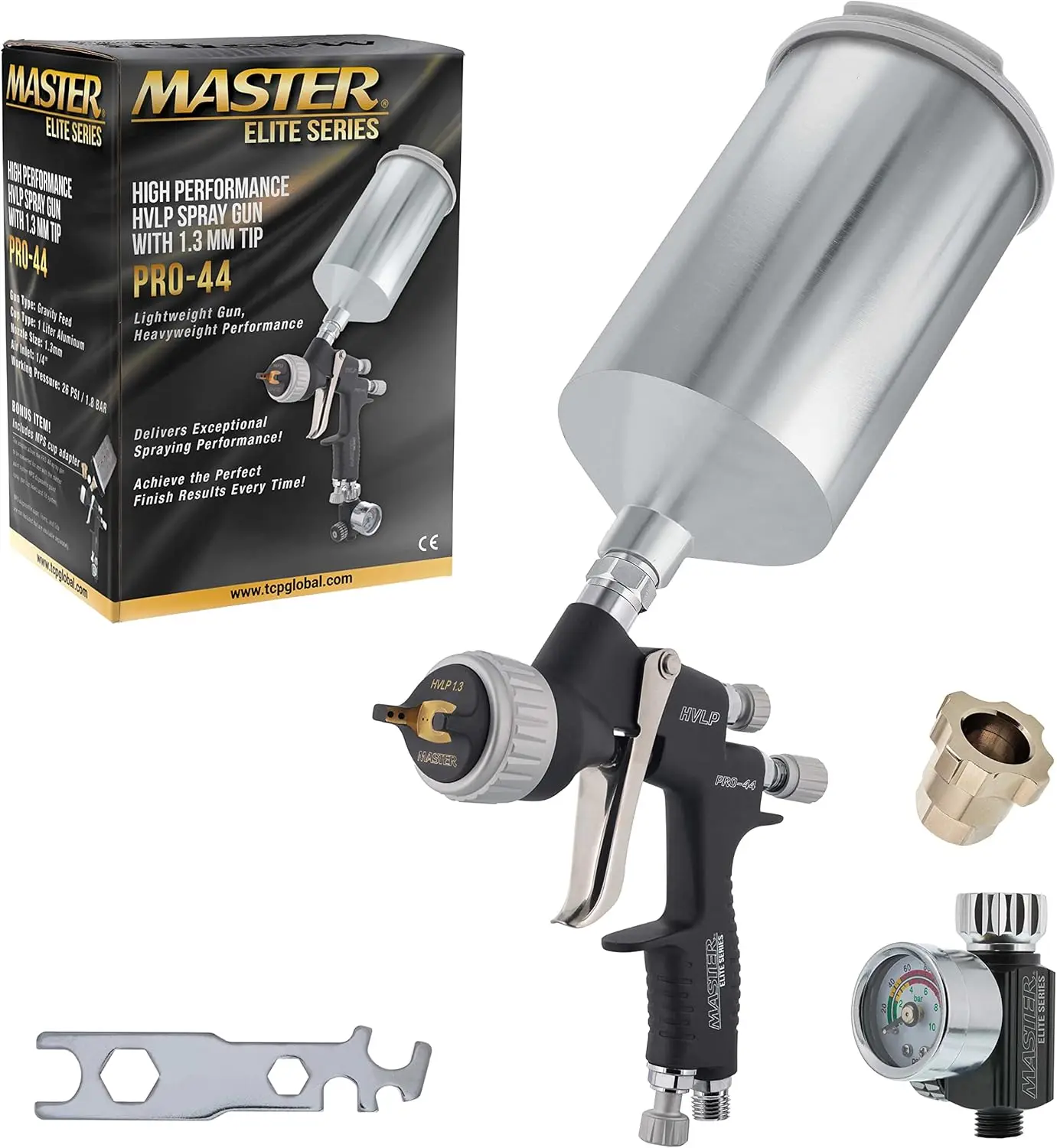 PRO-44 Series HVLP Spray Gun with 1.3mm Tip with Air Pressure Regulator Gauge - Ideal for Automotive Basecoats, Clearcoats - Adv