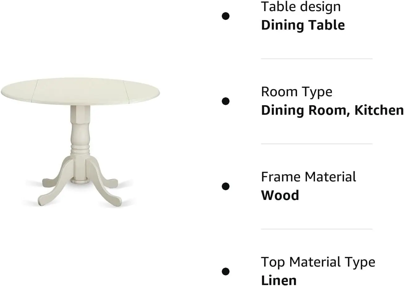 DLT-WHI-TP Dublin Modern Kitchen Table - a Round Dining Table Top with Dropleaf & Pedestal Base, 42x42 Inch, Linen White